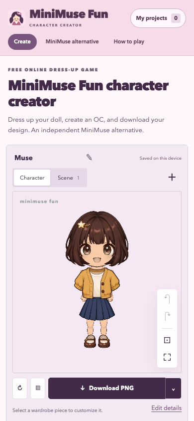 MiniMuse Fun mobile interface showing the character preview, download controls, and wardrobe tools