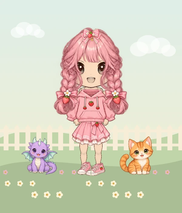Rosie in a strawberry outfit with a kitten and little dragon in the Daisy garden scene